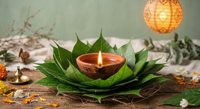 Traditional Clay Oil Diya on Betel Leaves with Hanging Paper Lantern and Flower Petals on Wooden Table for Diwali Festive Banner