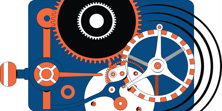 Abstract Geometric Mechanical Illustration Featuring Interlocking Gears and Levers in Bold Vibrant Colors