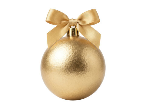 Gold Christmas Ornament Ball With Bow Ribbon.