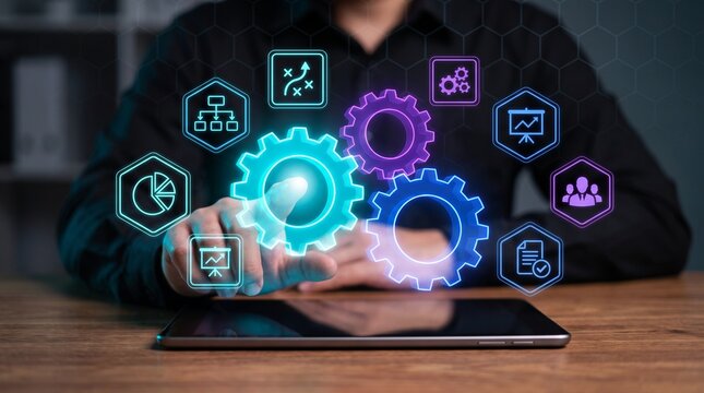 Business workflow optimization automation concept, process manager improving operations digital transformation, task management, performance analysis, efficiency strategies, workflow automation