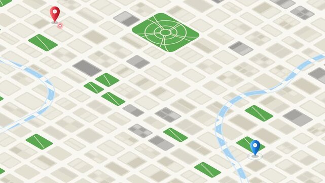 Isometric 3D digital city map illustration featuring location pins for navigation, destination tracking, and urban spatial planning