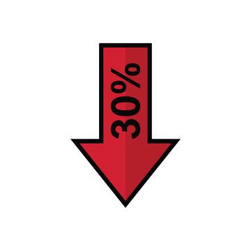 Red Down Arrow Vector Icon With 30 Percent Text for Price Drop Discount and Black Friday Sale