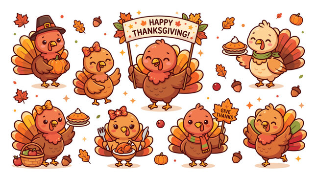 Cute Thanksgiving turkeys set with autumn leaves, pumpkin pies, and festive banners on a white background. Perfect for Thanksgiving greeting cards, holiday party invitations, seasonal blog posts.
