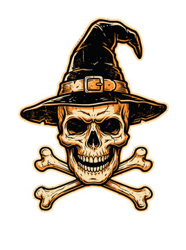 Vintage human skull wearing a wizard's hat with crossed bones on a black background. Perfect for Halloween posters, t-shirt prints, party invitations.