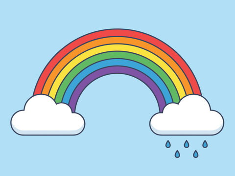 Colorful rainbow graphic with fluffy white clouds and falling raindrops against a light blue background. Perfect for children book illustrations, nursery wall decor, web banners.