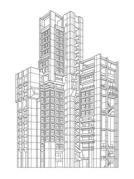 Brutalist architecture tower building rendered in technical line art. Ideal for architectural magazines, urban planning articles, engineering presentations.