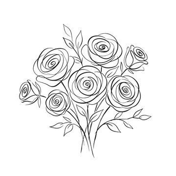 Abstract bouquet of roses with leaves drawn in line art style on a transparent background. Perfect for modern wall art, branding design, minimalist tattoos.