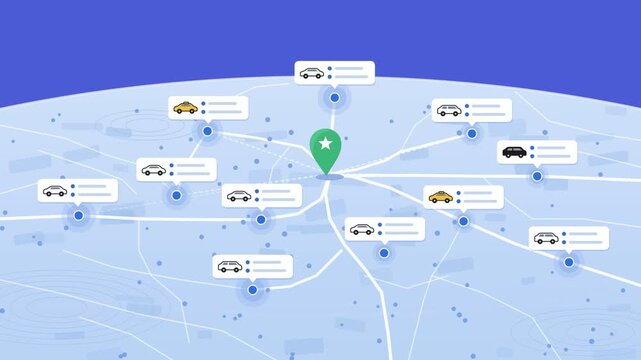 Conceptual Illustration of a Ride-Hailing Network with GPS Location Pin and Urban Transport Logistics Connectivity on a Digital Map