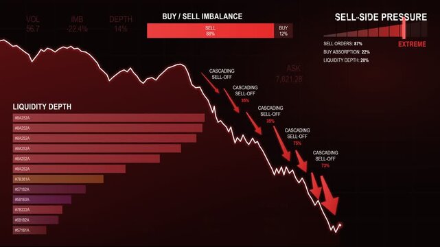 Digital illustration of a financial market crash depicting a sharp downward price trend with trading analytics and data visualization