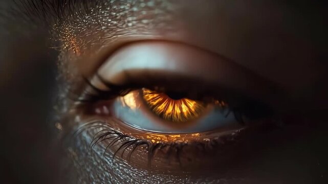 Close Up Amber Eye with Golden Iris, Vivid Pupil, Detailed Eyelash and Dramatic Light Reflection