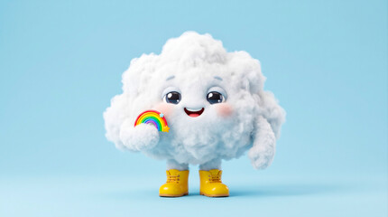 Fototapeta premium Cute Fluffy Cloud Character Holding Rainbow, 3D Illustration
