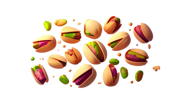 Flying group of fresh pistachio nuts with open shells and vibrant green kernels isolated on a transparent backgrounds