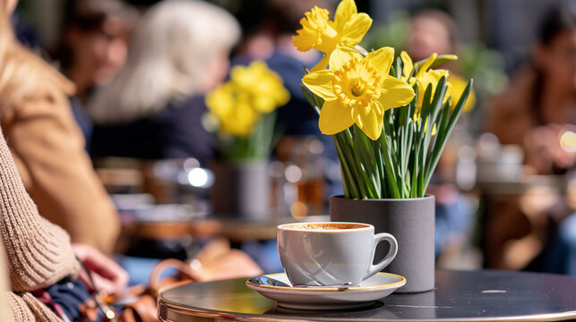 Coffee cup and yellow daffodils on a cafe table with blurred people and warm outdoor light, creating a welcoming springtime terrace scene in a public cafe