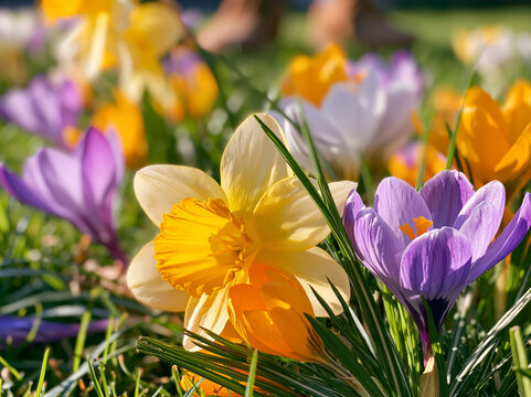 Yellow daffodil and purple crocus flowers blooming among green grass and orange spring blossoms in a colorful garden bed during early spring