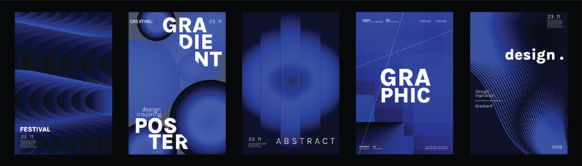 Naklejka na ściany i meble Dark Blue Gradient Vector Poster Collection Featuring Flowing Light Waves, Radial Glow, Geometric Forms, Digital Lines, Futuristic Depth, and Sleek Abstract Covers