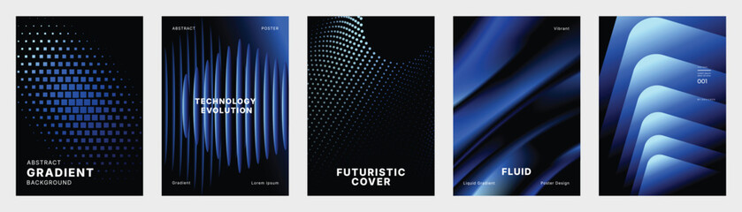 Naklejka na ściany i meble Futuristic Blue Gradient Vector Poster Collection Featuring Halftone Dots, Flowing Waves, Fluid Ribbons, Layered Folds, Geometric Depth, and Modern Technology Covers