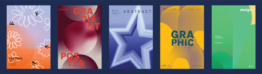 Fototapeta premium Colorful Abstract Vector Poster Collection Featuring Floral Line Art, Bold Gradients, Geometric Star, Playful Shapes, Minimal Layouts, and Contemporary Graphic Covers