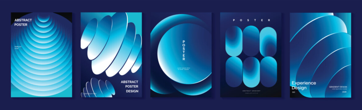 Cyan Blue Gradient Vector Poster Collection Featuring Layered Waves, Floating Spheres, Organic Curves, Rounded Shapes, Fine Line Arcs, and Futuristic Abstract Covers