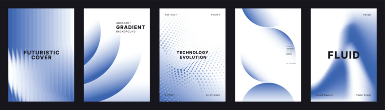 Minimal Blue White Gradient Vector Poster Collection Featuring Smooth Curves, Soft Fluid Forms, Halftone Texture, Futuristic Motion, and Clean Technology Covers
