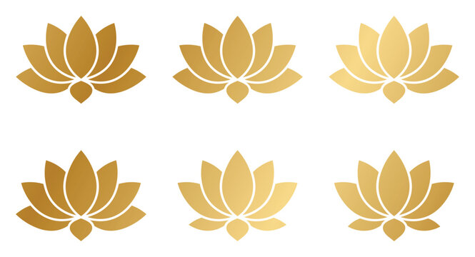 Golden lotus flower icons set on transparent background for yoga wellness branding.