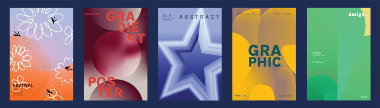 Colorful Abstract Vector Poster Collection Featuring Floral Line Art, Bold Gradients, Geometric Star, Playful Shapes, Minimal Layouts, and Contemporary Graphic Covers