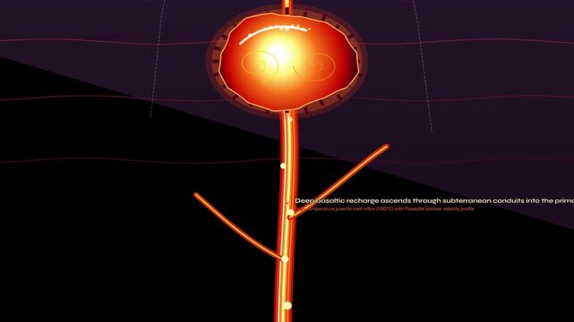 Geological animation of volcanic inflation and magma chamber recharge causing ground deformation measured by a subterranean borehole tiltmeter triggering an eruption alert