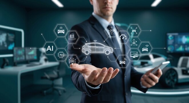Tech executive displaying a holographic enterprise blockchain and smart contracts dashboard.