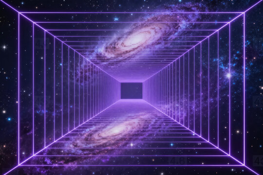 A futuristic neon grid tunnel extends through starry cosmic space, featuring a visible spiral galaxy in the background.