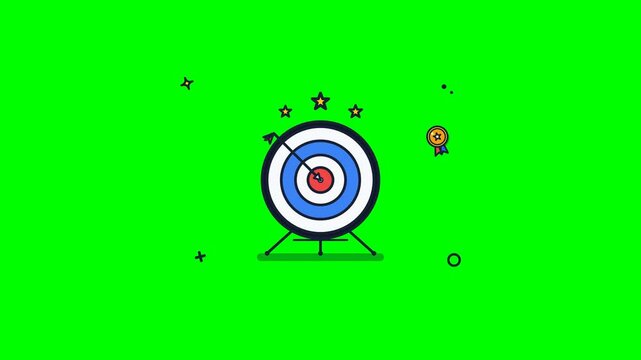 Premium 4K flat vector commercial animation of a business target bullseye struck by an arrow with shockwave impact, star rating burst, and golden succ.