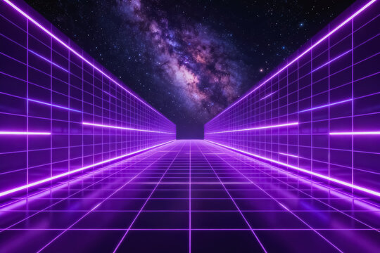 A glowing purple neon grid tunnel extends toward a cosmic galaxy in deep space, creating a retro-futuristic abstract digital scene.