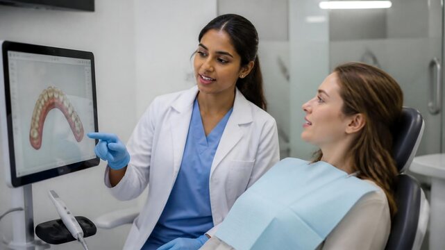 Dentist explaining digital smile design to patient in modern clinic