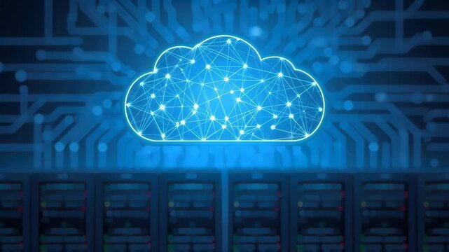 Cloud Computing Network Server Technology with Glowing Data Connection Circuit Board Background