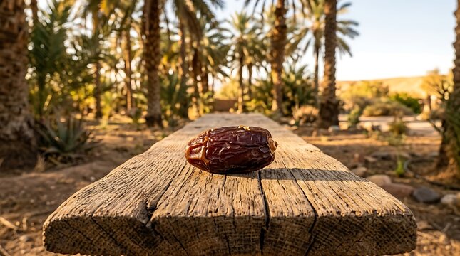 Single dried date fruit resting on a rustic wooden bench in a palm tree oasis