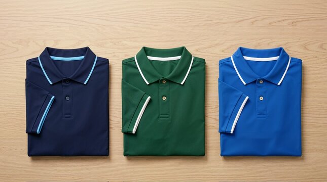Folded polo shirts in navy blue, green, and blue on a wooden surface. Casual clothing and apparel display