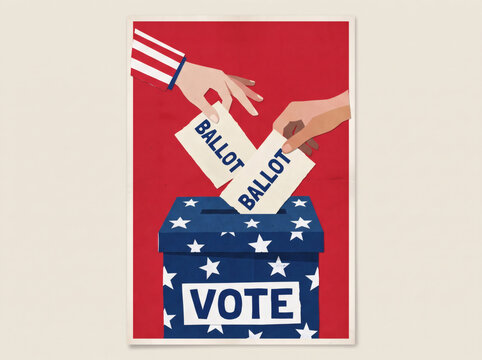 Paper Cut Collage Of Two Hands Dropping Ballots Into Star Spangled Vote Box On Red Background, United States Election Concept