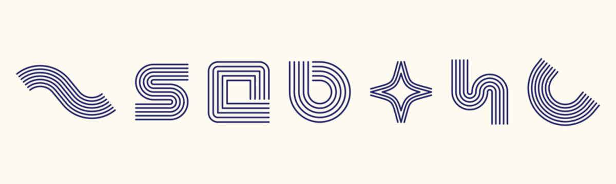 A minimalist abstract vector collection featuring continuous parallel lines, flowing curves, geometric waves, symmetrical shapes, and multi-line graphic symbols. elegant modern linear patterns.