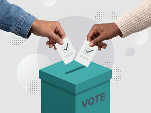 Diverse Hands Dropping Checked Ballots Into Teal Vote Box On Light Gray Background, Inclusive Democracy Voting Illustration Concept