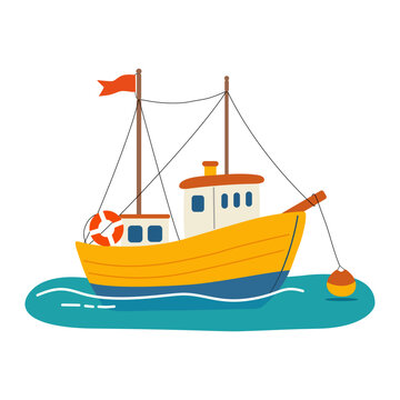 Flat Cartoon Fishing Boat on Water with Buoy and Flag Illustration