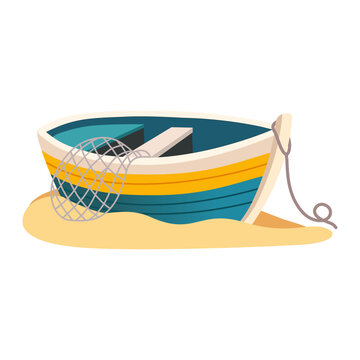 Flat Cartoon Fishing Boat with Net and Oar on Sandy Beach