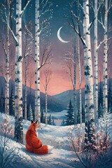 Fototapeta premium Red fox watching a crescent moon over a snowy birch forest