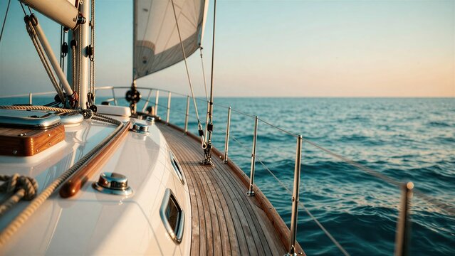 Luxury sailboat deck with wooden floor and rigging sailing on calm ocean at sunset, travel and lifestyle concept