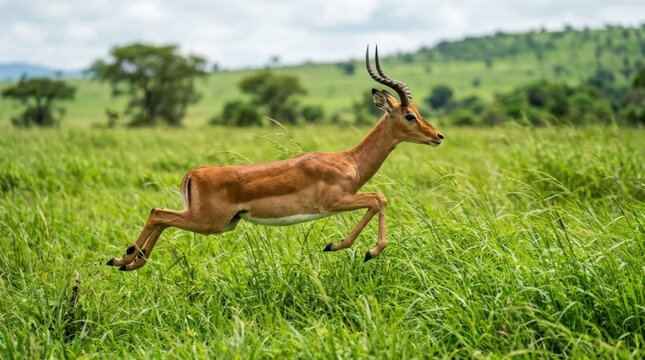 A male impala leaping through the tall green grass of the African savanna in the wild nature