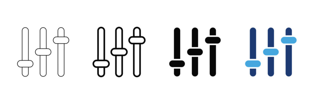 Four equalizer slider icons in different styles, representing audio settings, volume control, and sound adjustment