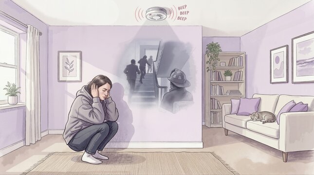 Woman crouching and covering ears beneath beeping smoke detector. Female experiencing traumatic fire flashback in living room. Post traumatic stress disorder trigger concept