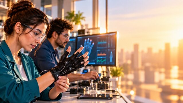 Close up female engineer flexing digital sensor glove with exposed natural fingers while male colleague monitors motion tracking data, side view facing right, copy space.
