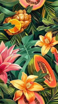 Vibrant Tropical Fruits and Exotic Flowers with Lush Foliage