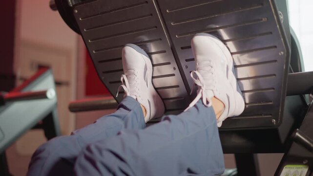 Visible legs and shoes positioned for leg or core machine at gym. Feet remain steady in white sneakers on black pedal platform with blue pants visible. Background shows blurred red wall