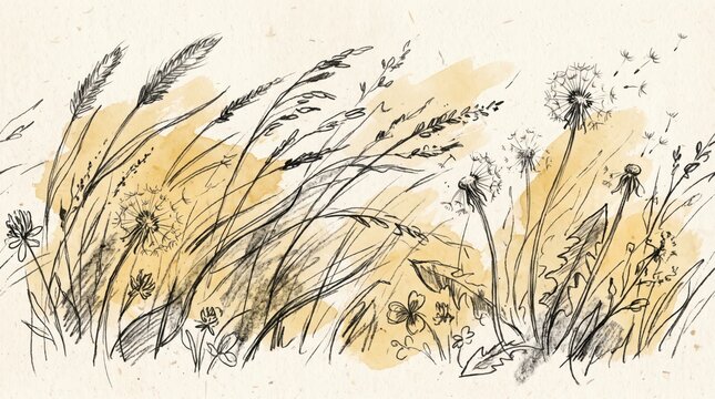 Artistic of wild grasses and dandelions with watercolor wash on aged paper background nature