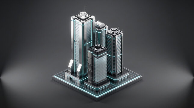 3D isometric modern skyscraper architecture model with subtle cyan light highlights