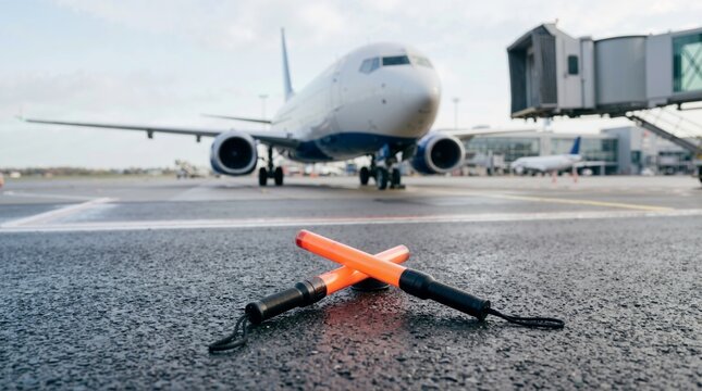 Crossed aircraft marshalling wands lying on airport tarmac. Ground crew illuminated signal batons on wet asphalt with commercial airplane parked at gate